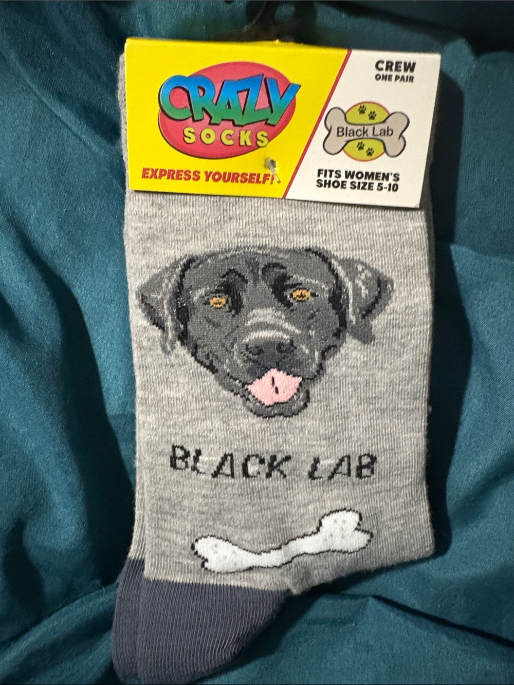 Crazy Socks - Black Lab Crew Socks - Gray/Black Women Shoe 5 - 10